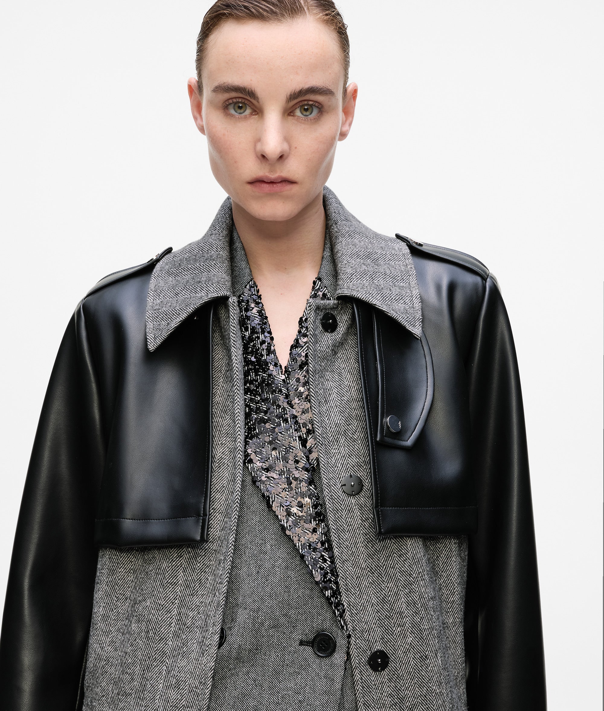 Tweed and faux-leather coat - Image 2
